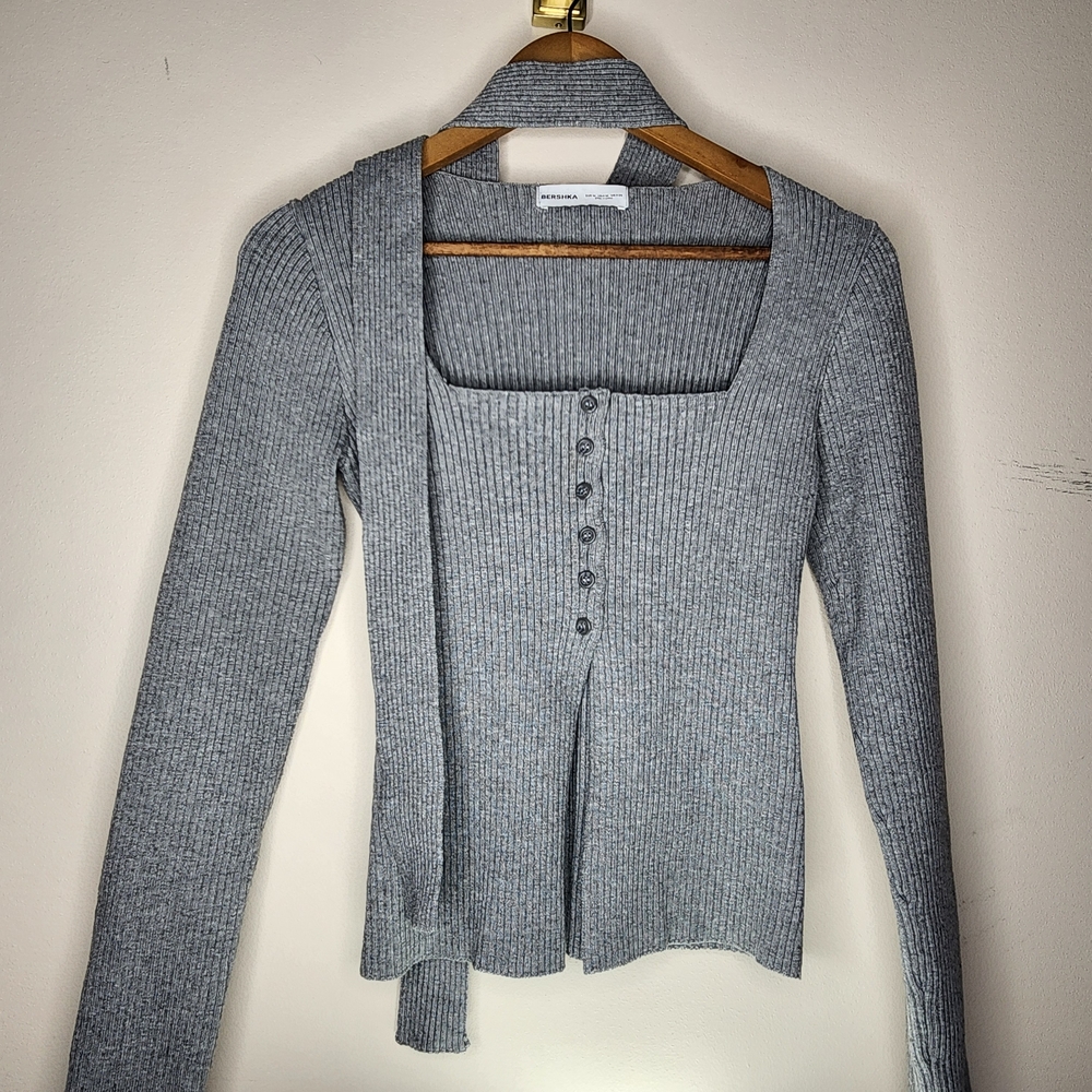 Bershka Ribbed Knit Long Sleeve Top — Heather Grey, M | Minimalist Basics